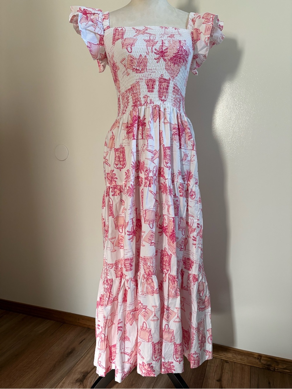 NWT 8 Oak Lane Pink Toile Smocked House Maxi Dress Cotton Flutter Sleeves Small